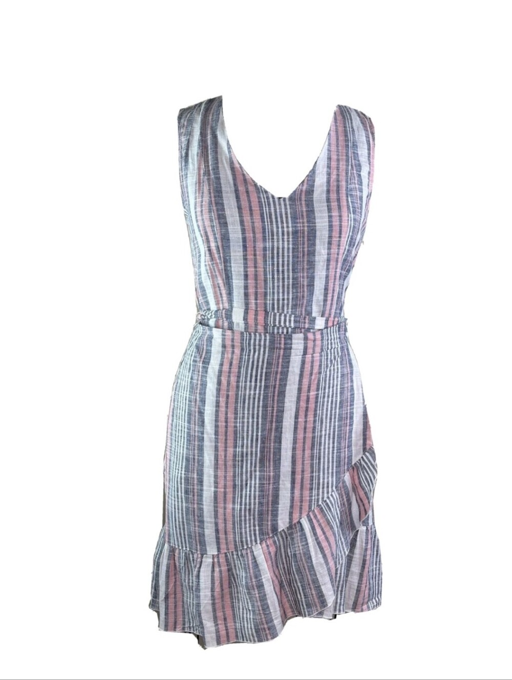 BARNEYS NEW YORK Linen Blend White Blue Pink Wrap Ruffle Sleeveless Dress Size S